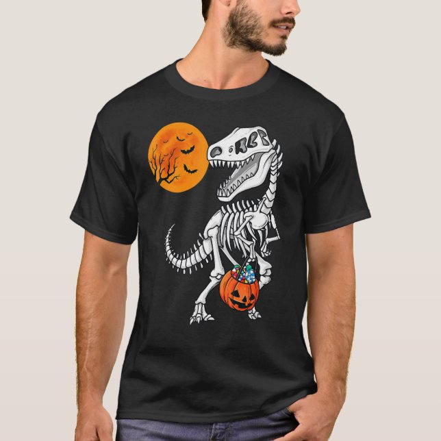 Halloween Boys Dinosaur Skeleton Rex Scary Pumpkin T Shirt (Framsida)