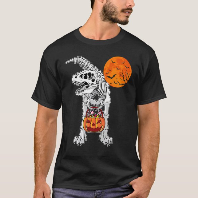 Halloween Boys Dinosaur Skeleton Rex Scary Pumpkin T Shirt (Framsida)