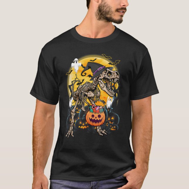 Halloween Boys Dinosaur Skeleton rex Scary Pumpkin T Shirt (Framsida)