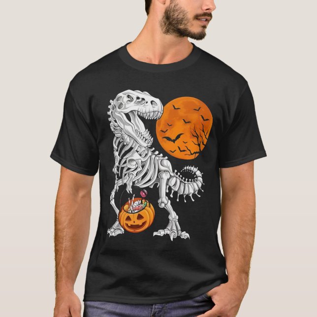 Halloween Boys Dinosaur Skeleton T rex Scary Pumpk Shirt (Framsida)