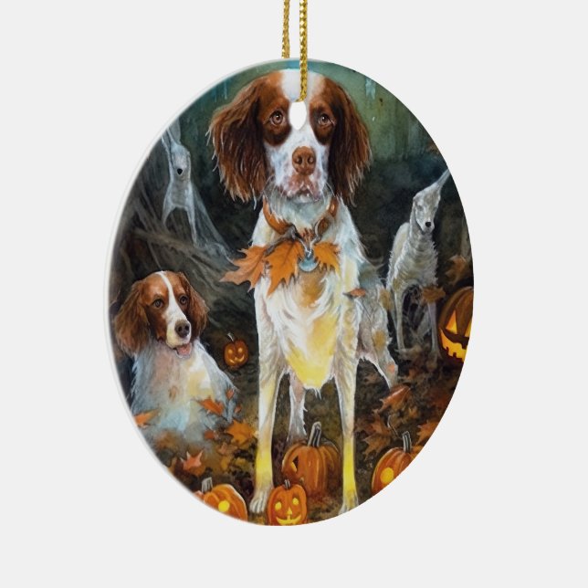 Halloween Brittany Spaniel Med Pumpa Skräck Julgransprydnad Keramik (Höger)