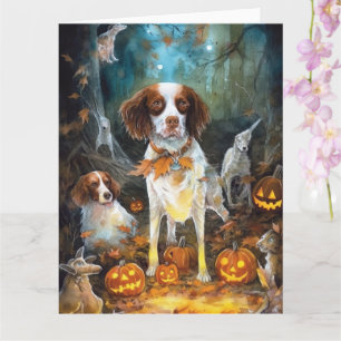 Halloween Brittany Spaniel Med Pumpa Skräck Kort