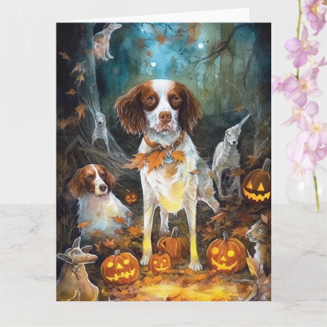 Halloween Brittany Spaniel Med Pumpa Skräck Kort (Orkide)