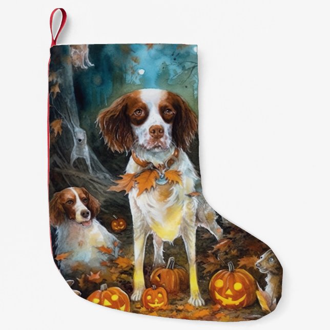 Halloween Brittany Spaniel Med Pumpa Skräck Liten Julstrumpa (Framsidan)