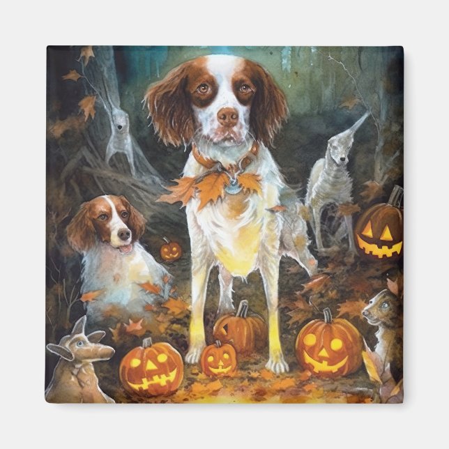 Halloween Brittany Spaniel Med Pumpa Skräck Magnet (Framsidan)