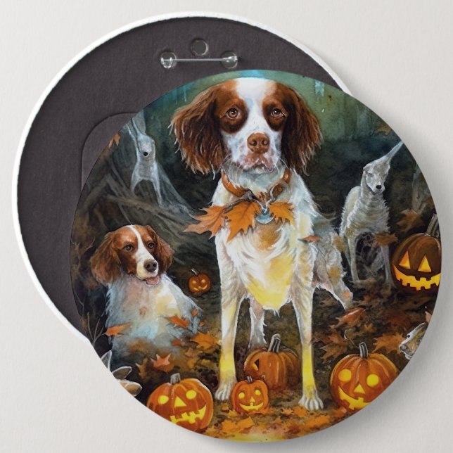 Halloween Brittany Spaniel Med Pumpa Skräckinjagan Knapp (Framsida & baksida)