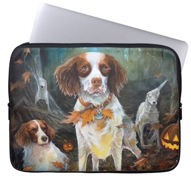 Halloween Brittany Spaniel Med Pumpa Skräckinjagan Laptop Fodral (Framsidan)