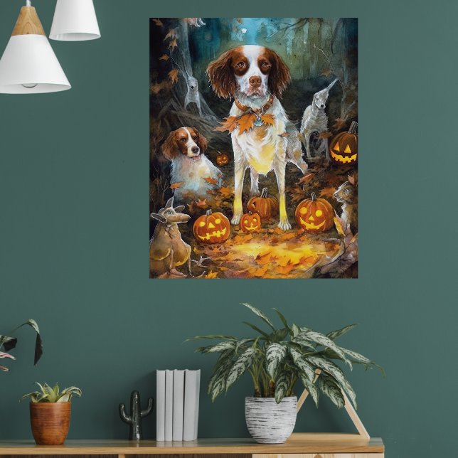 Halloween Brittany Spaniel Med Pumpa Skräckinjagan Poster (Vardagsrum 1)