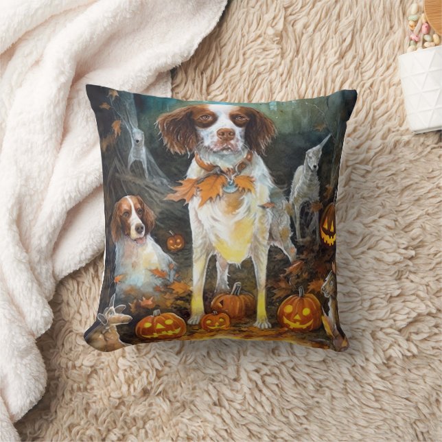 Halloween Brittany Spaniel Med Pumpa Skrämmande Kudde (Filt)