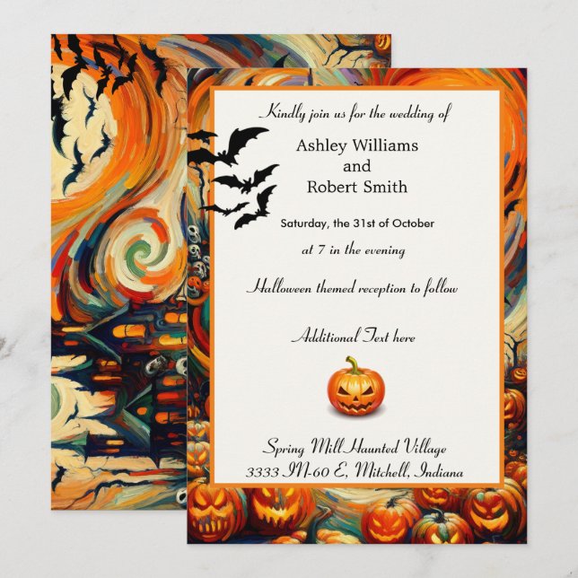 Halloween Bröllop Colorful Pumpkin Fladdermus Flat Inbjudningar (Fram/baksida)