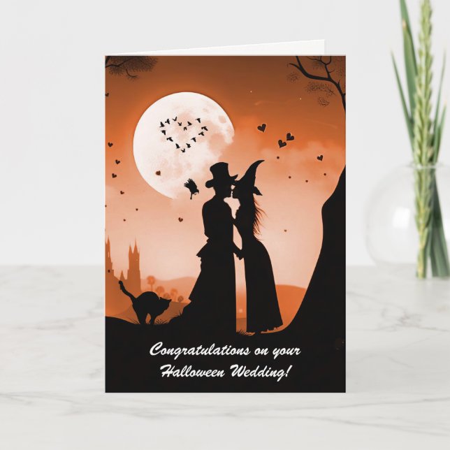 Halloween Bröllop Cute Couple Top hat och Witch Kort (Framsida)