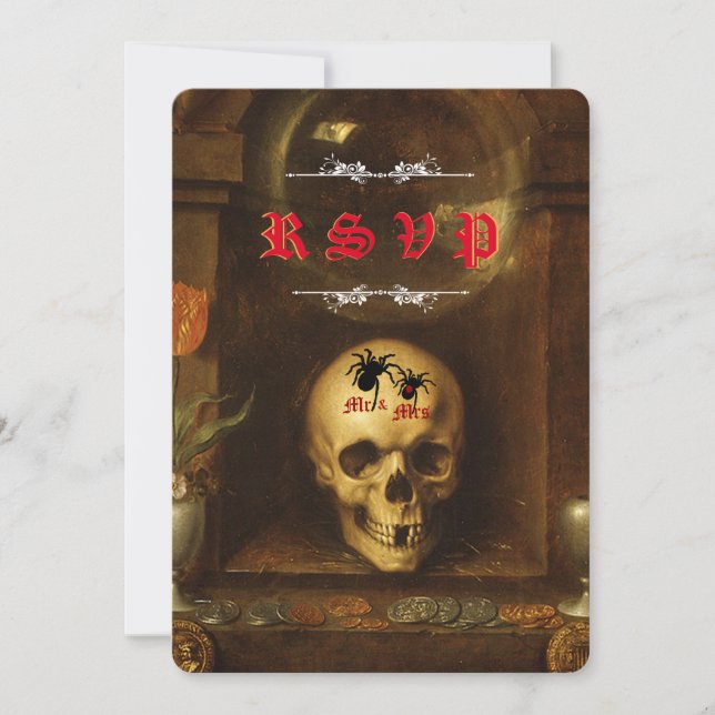 Halloween Bröllop Goth, Dödskalle, Spindlar RSVP-k Inbjudningar (Framsida)