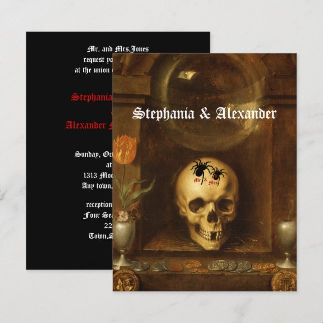 Halloween Bröllop, Goth, Skull, inbjudan till Anpa (Fram/baksida)