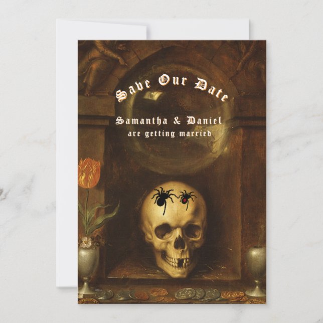 Halloween Bröllop Goth Skull Spiders Spara datum Inbjudningar (Framsida)