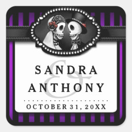 Halloween Bröllop Lila Black Stripe Skeletons Fyrkantigt Klistermärke