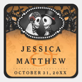 Halloween Bröllop Orange Black Skeletons Tack Fyrkantigt Klistermärke