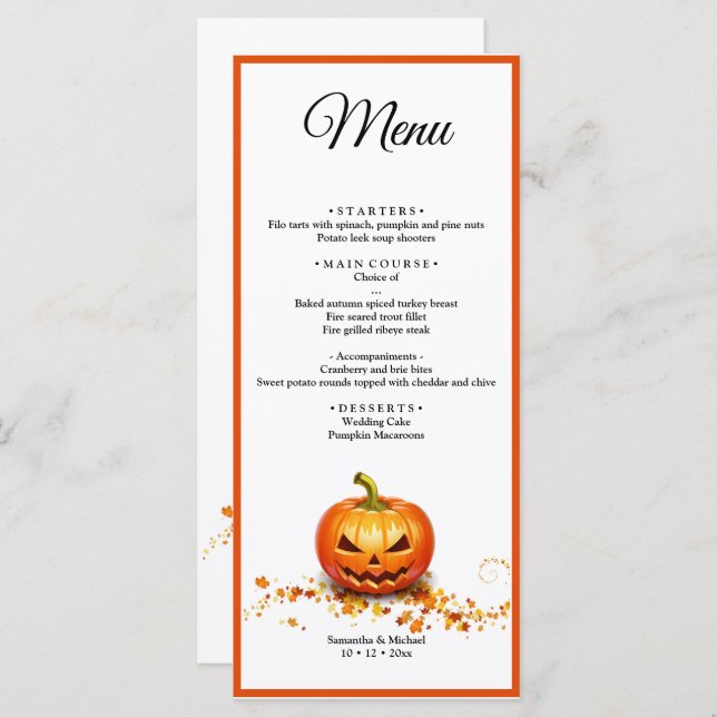 Halloween Bröllop Pumpkin Bröllop Menu Meny (Fram/baksida)