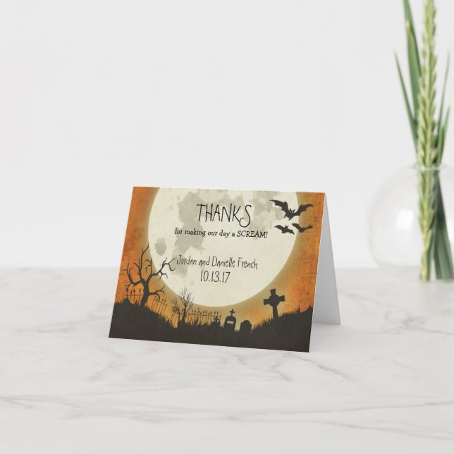 Halloween bröllop Tack-kort - måne i orange Tack Kort (Framsida)