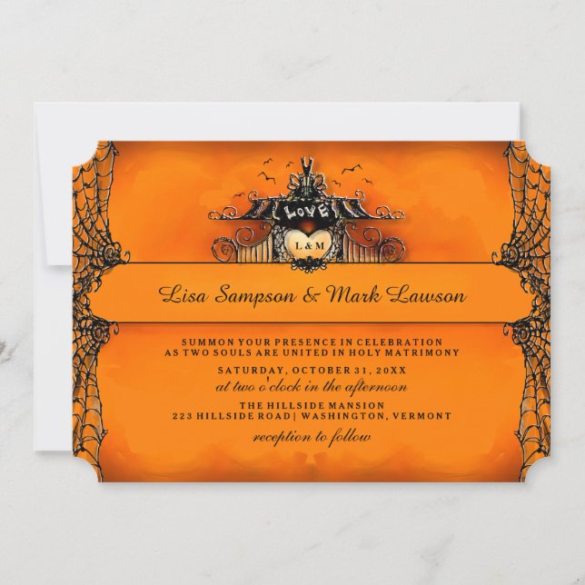 Halloween-bröllopsinbjudan - Orange och svart Kärl Inbjudningar (Framsida)