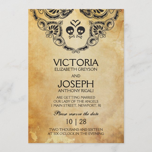 Halloween-bröllopsinbjudan - Skull och korsben Spara Datumet (Framsida)