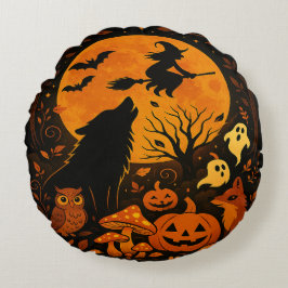 Halloween Broom Flying Witch and Moon Rund Kudde
