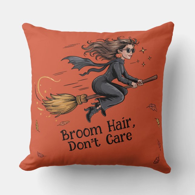 Halloween "Broom Hair, Don't Care" Throw Pillow Kudde (Framsida)