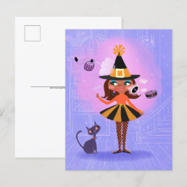 Halloween Brown Hair Witch Lavender & Rosa Vykort