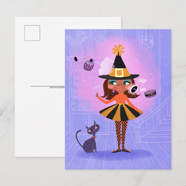Halloween Brown Hair Witch Lavender & Rosa Vykort (Fram/baksida)