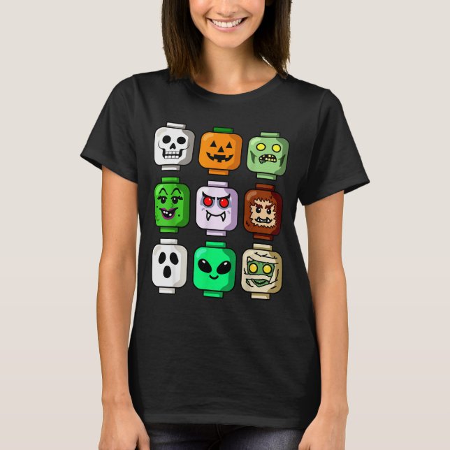 Halloween Building Brick Head Pumpkin Ghost Zombie T Shirt (Framsida)