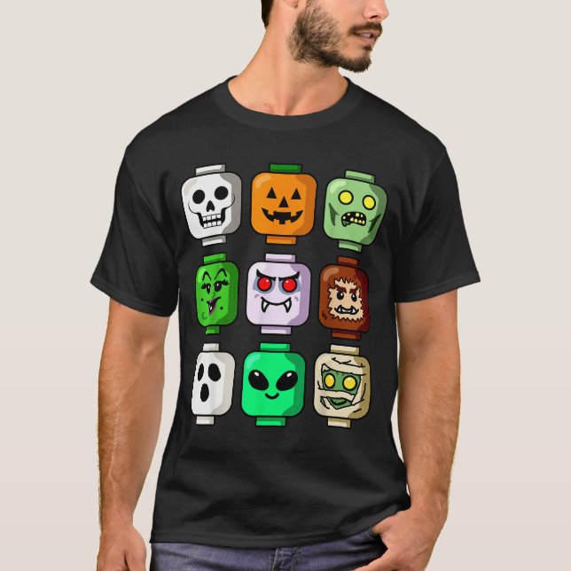 Halloween Building Brick Head Pumpkin Ghost Zombie T Shirt (Framsida)