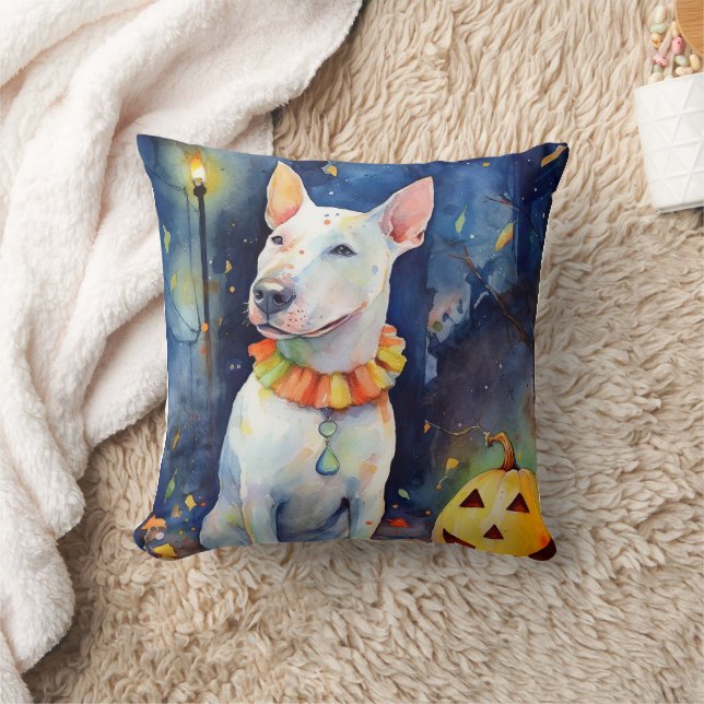 Halloween Bull Terrier Med Pumpa Skräck  Kudde (Filt)