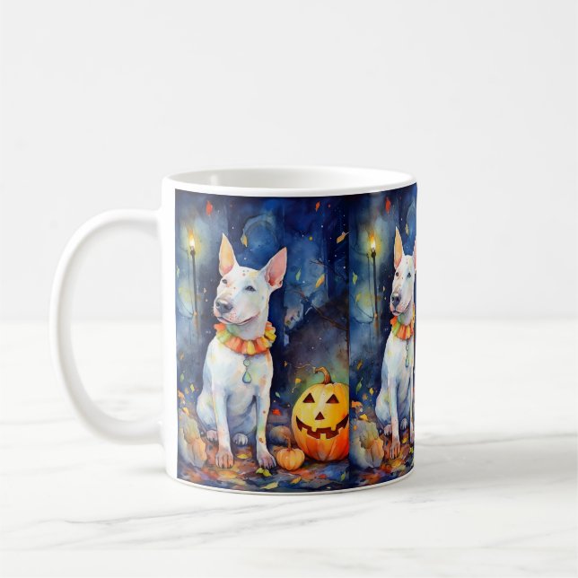 Halloween Bull Terrier med pumpor Scary Kaffemugg (Vänster)
