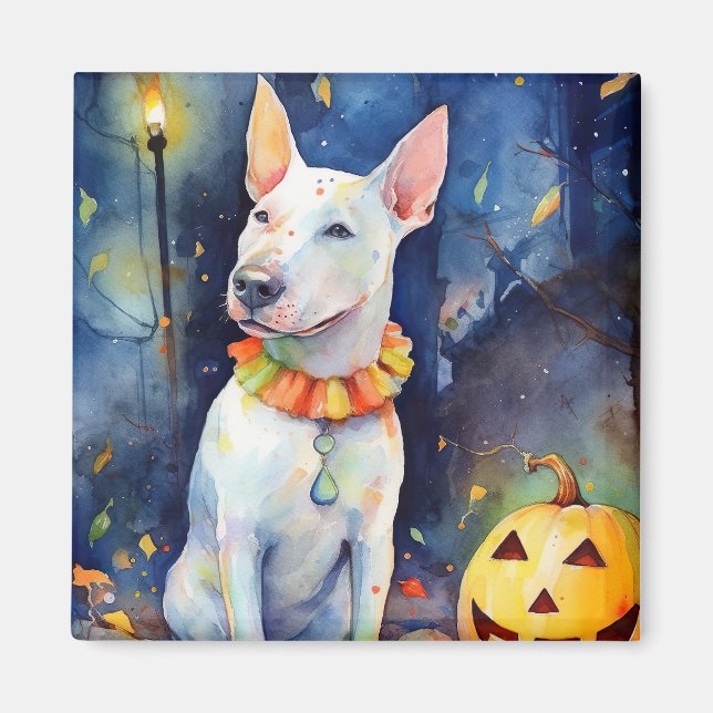 Halloween Bull Terrier med pumpor Scary Magnet (Framsidan)