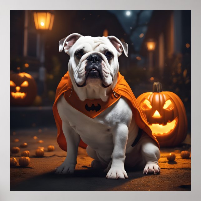 Halloween Bulldog med dräkt en oktober kväll Poster (Framsidan)