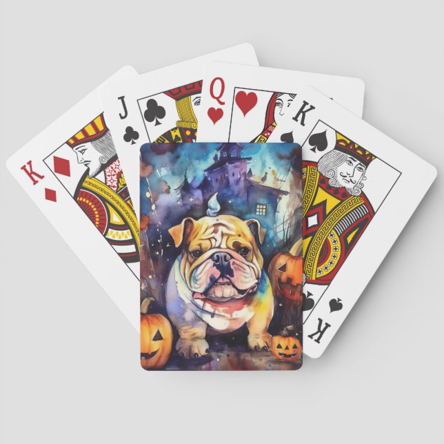 Halloween Bulldog Med Pumpa Skräckinjagande Casinokort (Baksidan)