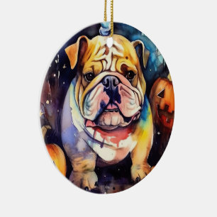 Halloween Bulldog Med Pumpa Skräckinjagande Julgransprydnad Keramik