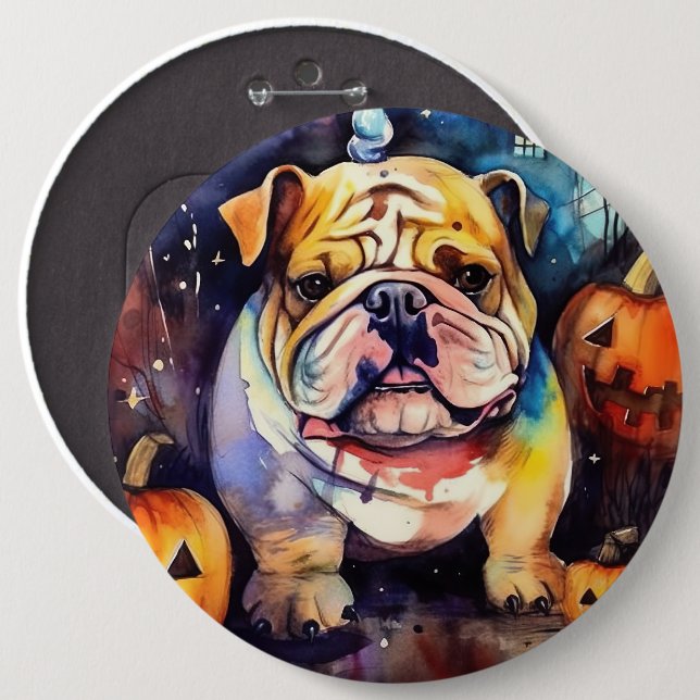 Halloween Bulldog Med Pumpa Skräckinjagande Knapp (Framsida & baksida)