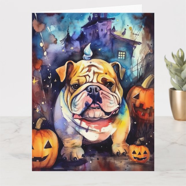 Halloween Bulldog Med Pumpalåtar Skrämmande Kort (Liten växt)