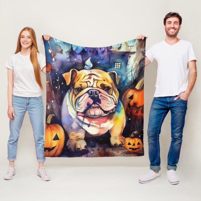 Halloween Bulldog med pumpor Fleecefilt (På plats)
