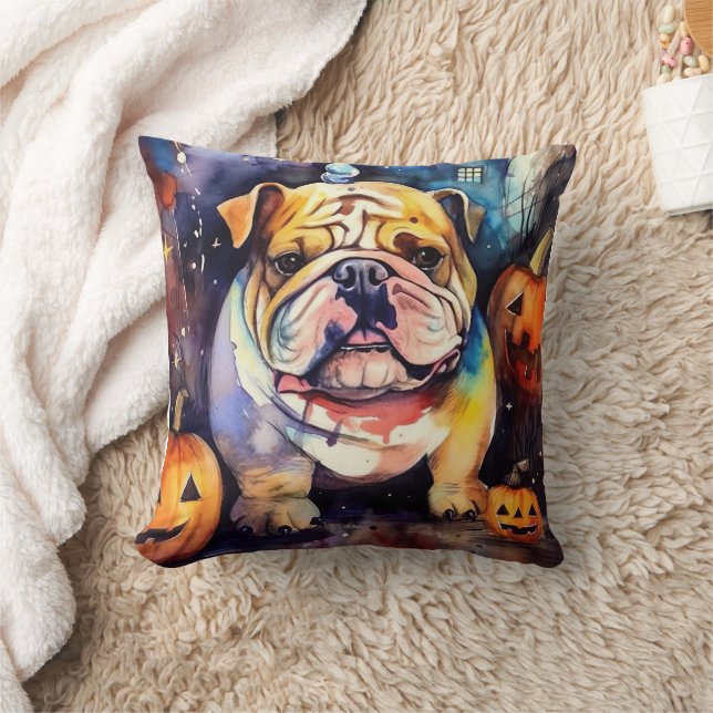 Halloween Bulldog med pumpor Kudde (Filt)