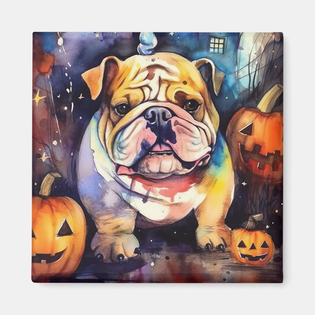 Halloween Bulldog med pumpor Magnet (Framsidan)