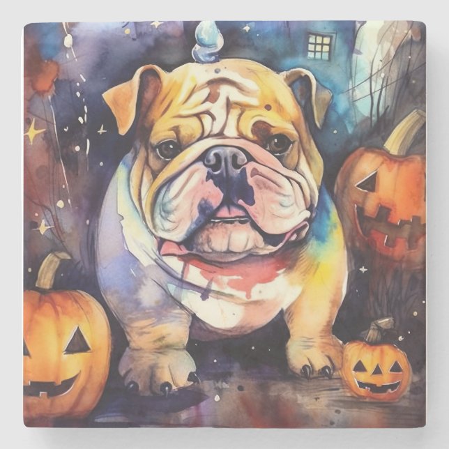 Halloween Bulldog med pumpor Stenunderlägg (Framsidan)