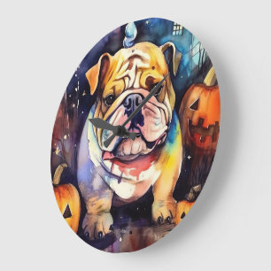 Halloween Bulldog med pumpor Stor Klocka