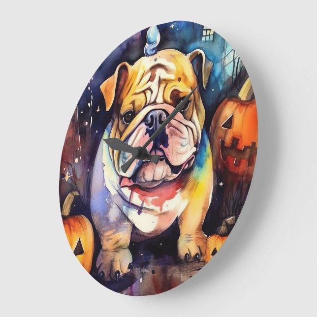 Halloween Bulldog med pumpor Stor Klocka (Vinkel)