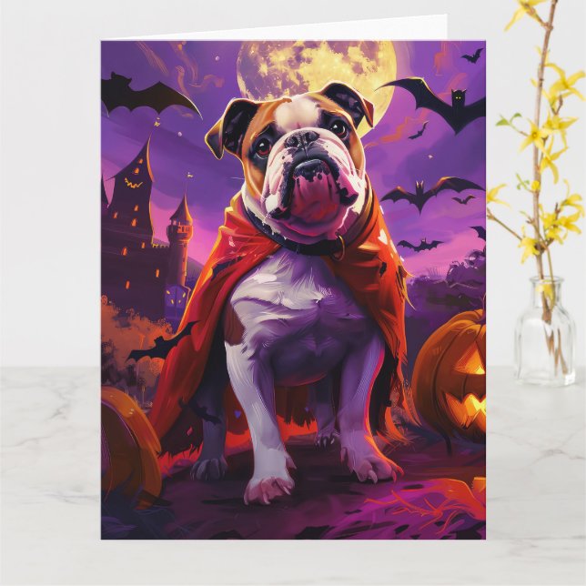 Halloween Bulldog Vampire Pumpkins Scary Kort (Gul blomma)