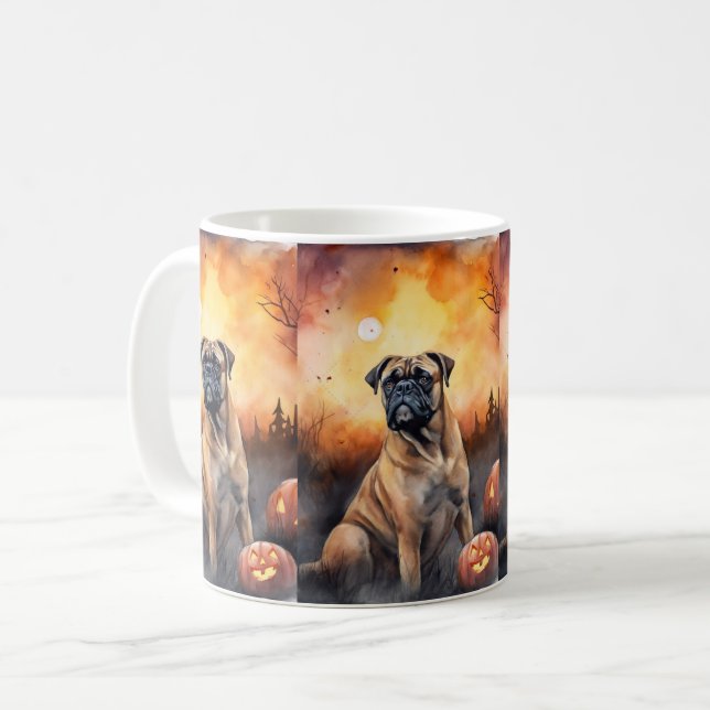 Halloween Bullmastiff Med Pumpa Skräckinjagande Kaffemugg (Framsida vänster)