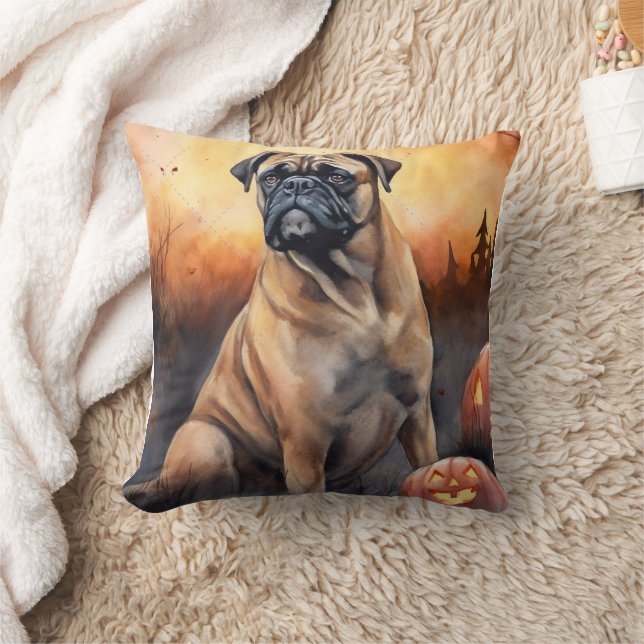 Halloween Bullmastiff Med Pumpa Skräckinjagande Kudde (Filt)