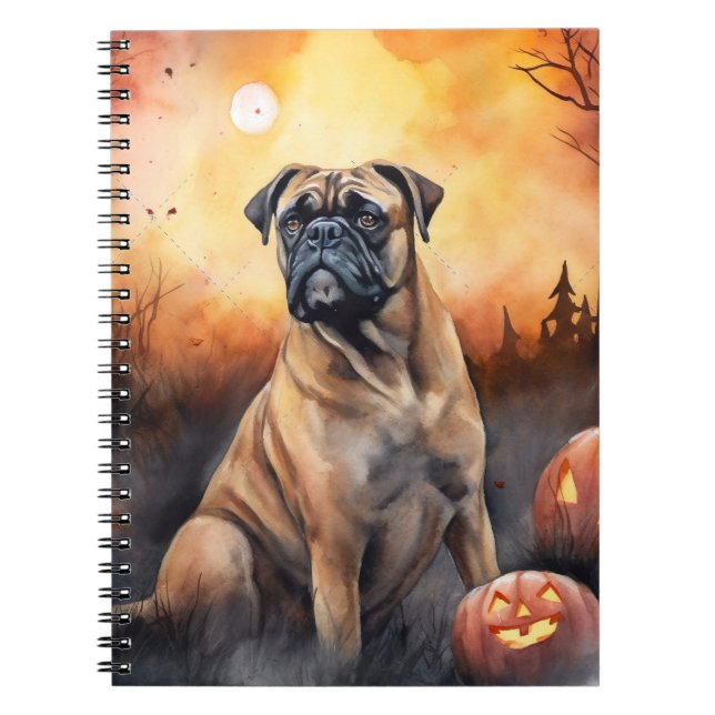 Halloween Bullmastiff med pumpor Scary Anteckningsbok (Framsidan)
