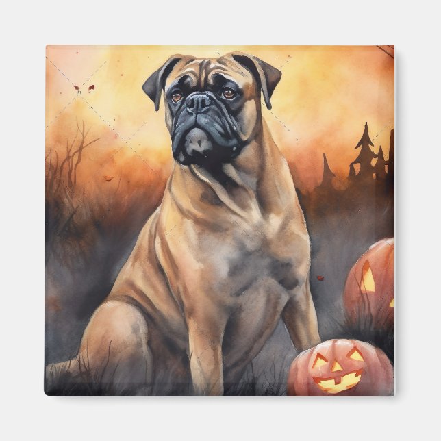 Halloween Bullmastiff med pumpor Scary Magnet (Framsidan)