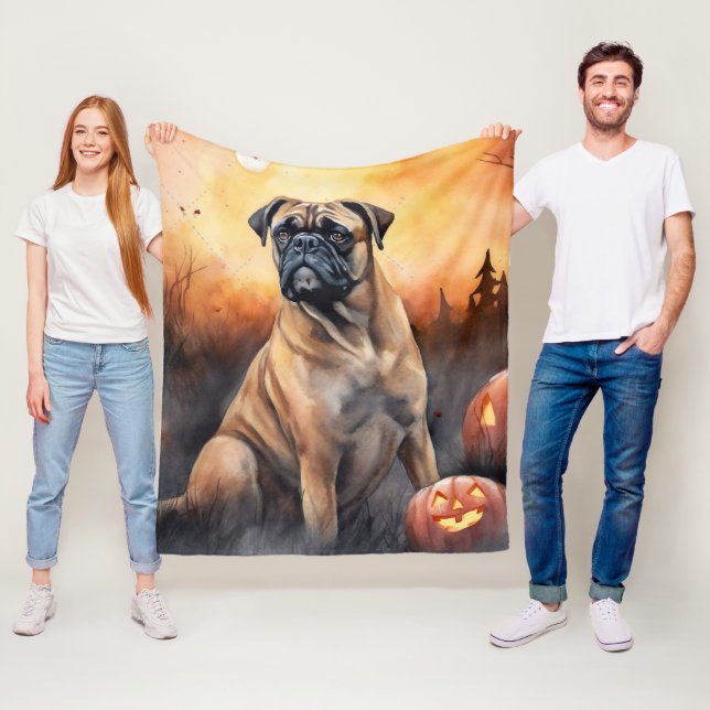 Halloween Bullmastiff med pumpor Skräckinjagande Fleecefilt (På plats)